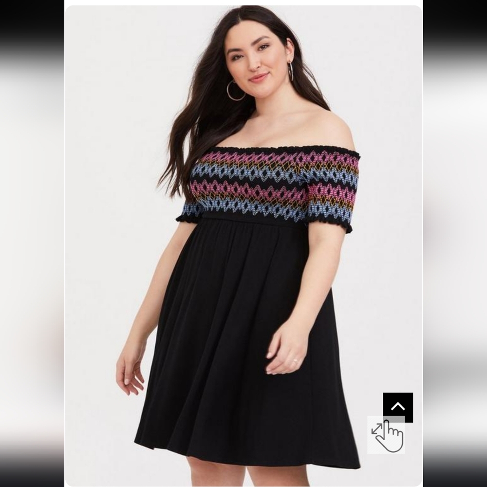 Torrid 2 Smocked Off The Shoulder Black Skater Dress EUC